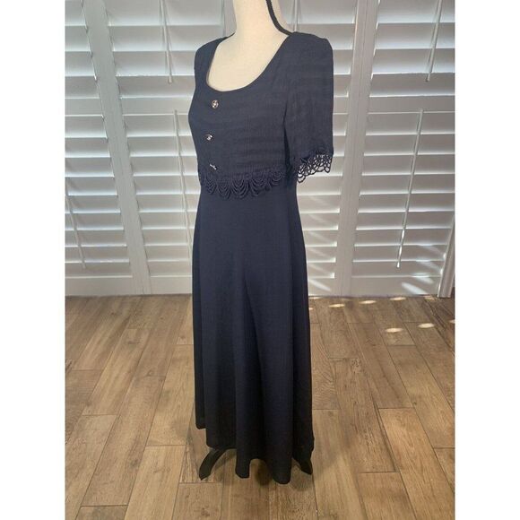 Vtg 80s Deadstock Lion Dark Blue Cocktail Dress 9 Ballet Length Rayon Empire - Picture 5 of 12